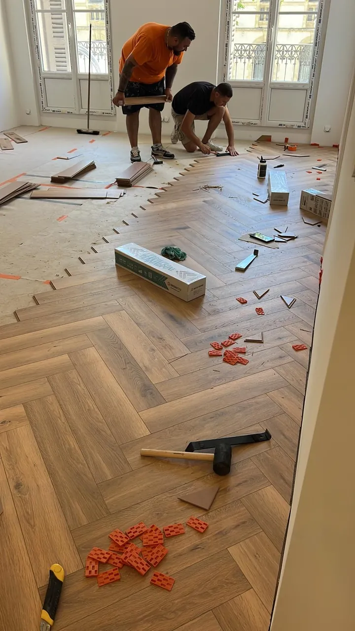 Artisans posant un parquet en chevrons
